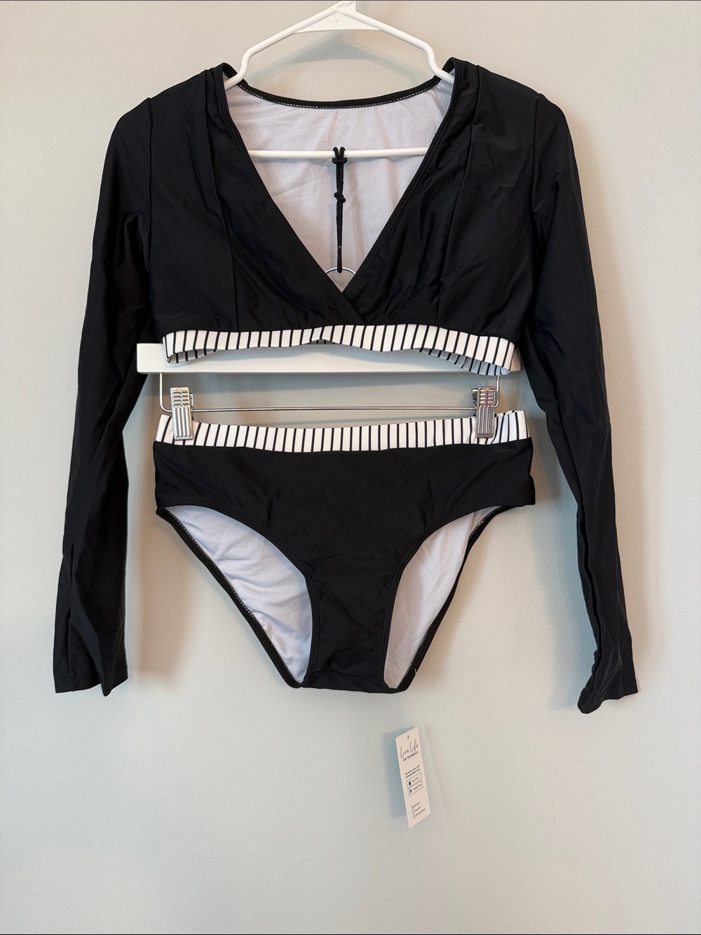 NWT Cupshe Black Long Sleeve Two-Piece Bikini with White Striped Trim